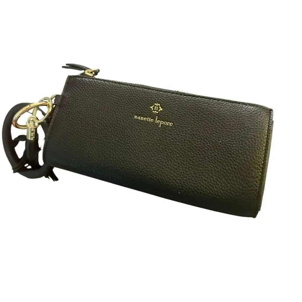 Nanette Lepore Black Pebbled Faux Leather Wristlet Wallet Clutch Gold Tone